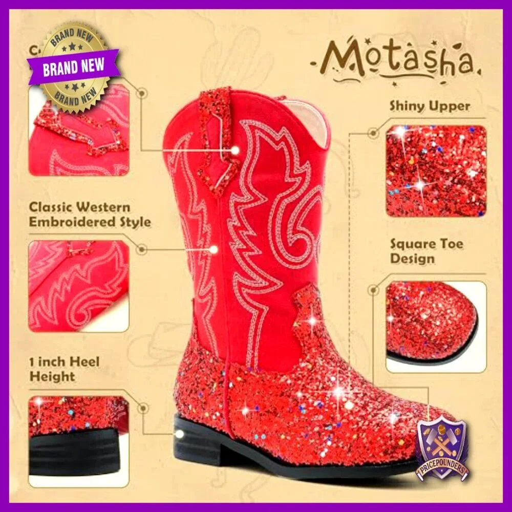 Glitter Cowgirl Boots Mid Calf Western Riding Shoes Toddler Kids Square Toe